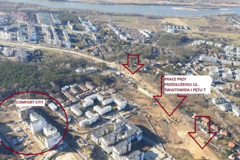 Comfort City z lotu ptaka z widokiem na prace przy planowanej pętli tramwajowej Winnica i przedłużeniu ul. Światowida