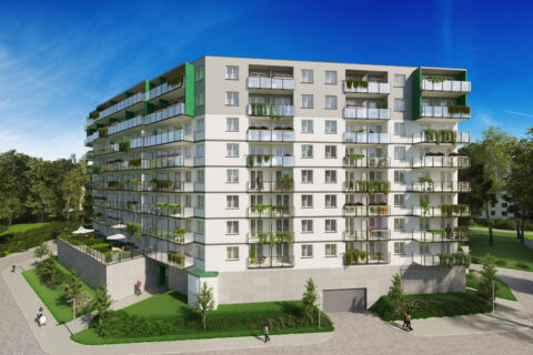 Comfort City Szmaragd widok od strony ulicy z wjazdem do garażu i wejściami B i C